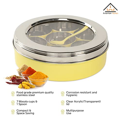 anantam homes Stainless Steel Masala Dabba masaladani Spice Box Organizer for Kitchen Masala Dani with See Through Lid with 7 Containers and a Small Spoon - Yellow - Image 3