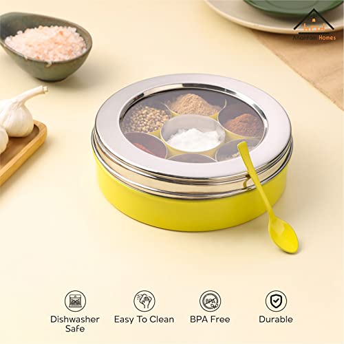 anantam homes Stainless Steel Masala Dabba masaladani Spice Box Organizer for Kitchen Masala Dani with See Through Lid with 7 Containers and a Small Spoon - Yellow - Image 2