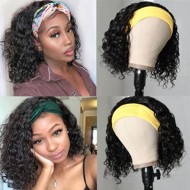 Annora Headband Wigs Human Hair Water Wear Headband Wigs for Black Women Bob Wig Glueless None Lace Front Water Wave Human Hair Machine Made Wigs 150 Density Natural Color Bob 14 Inch