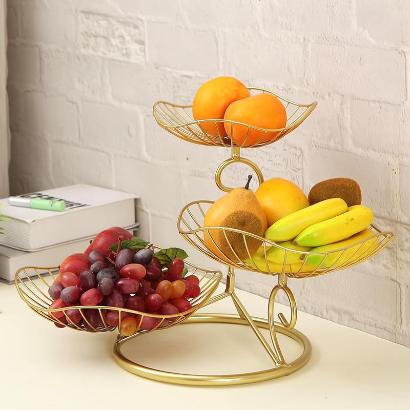 LANDTOM® Metal 3-Tier Fruit Basket Holder Decorative Fruit Bowl Stand, Gold (Type A) - Image 1