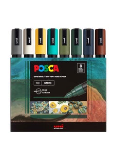 POSCA Markers Set, 8 Medium Paint Markers 5M - Earth Tones - Grey, Ivory, Ochre, Emerald Green, Khaki Green, English Green, Navy Blue, Brown  - Image 1