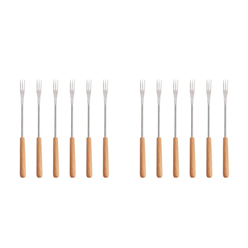 12 pcs Wood Handle Stainless Steel Fondue Forks Outdoor Barbecue Fork Kitchen Tool - Image 2