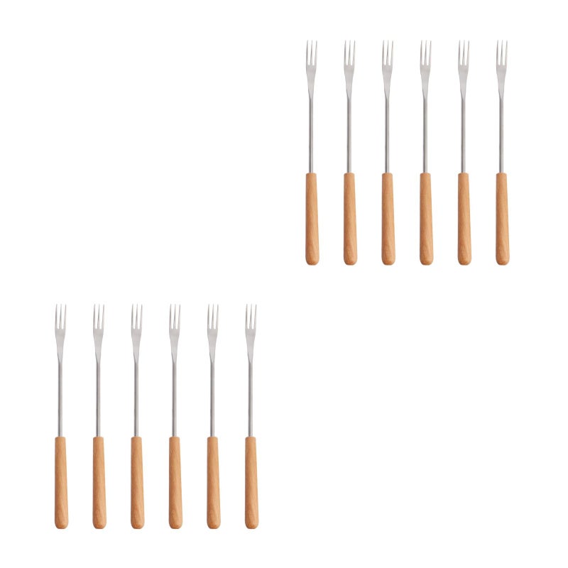 12 pcs Wood Handle Stainless Steel Fondue Forks Outdoor Barbecue Fork Kitchen Tool - Image 1