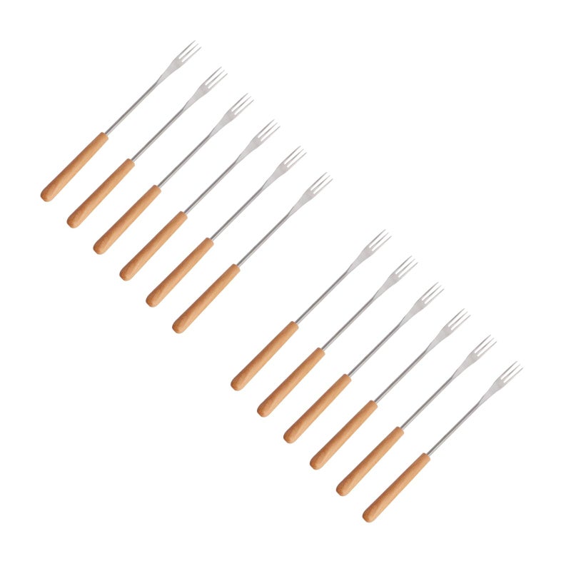 12 pcs Wood Handle Stainless Steel Fondue Forks Outdoor Barbecue Fork Kitchen Tool - Image 3