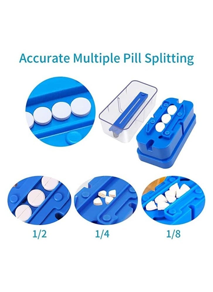 Pill Splitter, 1/2 1/4 Accurate Even Cut for Round Oblong Pills, Multifunctional Pills Divider Dispenser, Cutter for Vitamins, Big & Small Pills, and Medication, Transparent Portable Pill Cutter Box