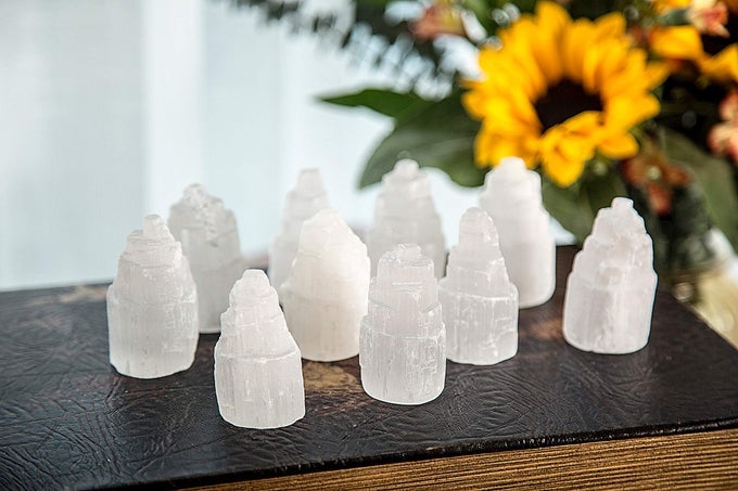 Set of 10 White Selenite Sky Tower Skyscraper Reiki Chakra Stone Crystal Healing Energy Tower 67cm Tall