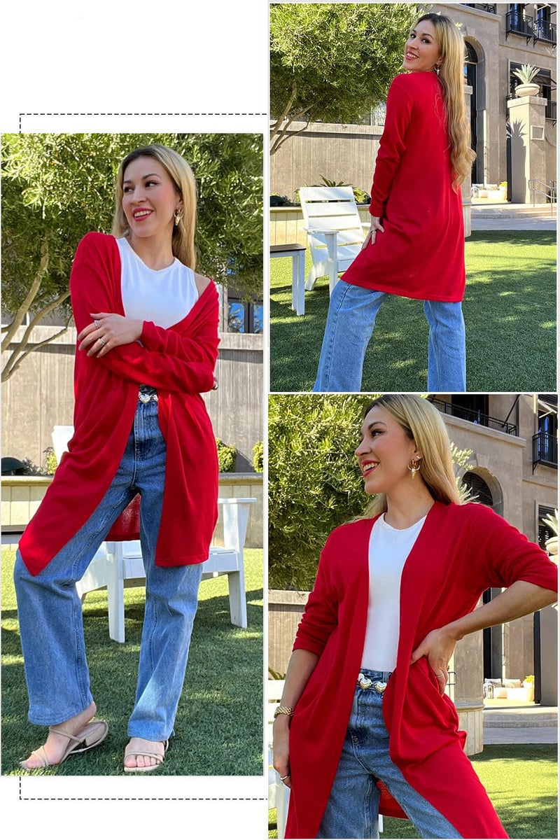 OUGES Women's 2026 Fashion Fall Winter Red Open Front Long Sleeve Lightweight Sweater Cardigan Shirt with Pockets(Red,M) - Image 3
