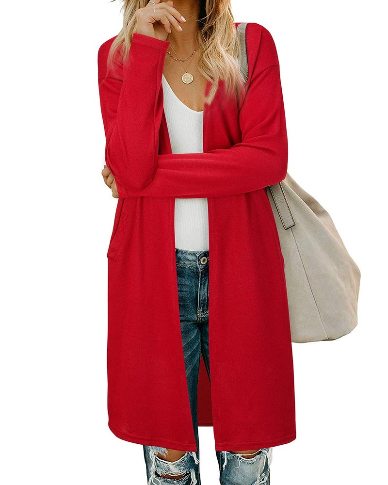 OUGES Women's 2026 Fashion Fall Winter Red Open Front Long Sleeve Lightweight Sweater Cardigan Shirt with Pockets(Red,M) - Image 1
