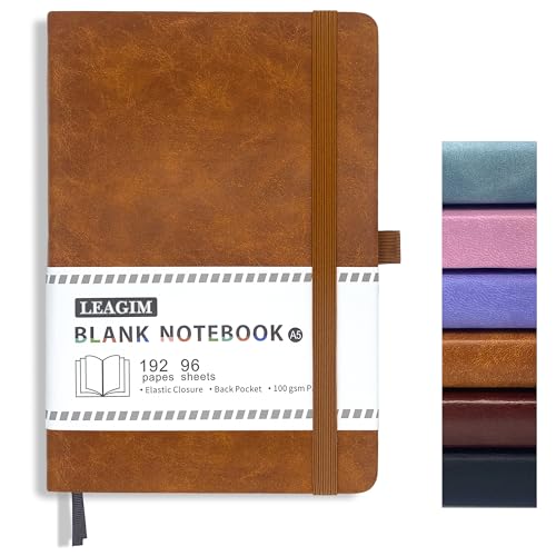 LEAGIM Blank Journal Notebook, A5, 192 Pages 100 GSM Thick Sketch Book for Women Men, Hardcover Leather Unlined Journaling for Work, Notebooks for Writing, 5.8 inches x 8.5 inches (Brown) - Image 1