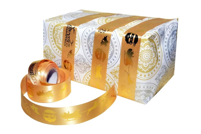 Generic 1" x 10 Meters Merry Christmas Ribbon, Colorful Satin Ribbon with Christmas Treen Printed for Gift Package Wrapping,Wreath,Tree Bow Decoration (Gold)  - Image 2