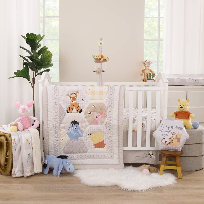 Disney Winnie The Pooh Hugs and Honeycombs Grey White and Tan Patchwork with Piglet Tigger and Eeyore 3 Piece Crib Bedding Set Comforter 100 Cotton Fitted Crib Sheet and Crib Skirt