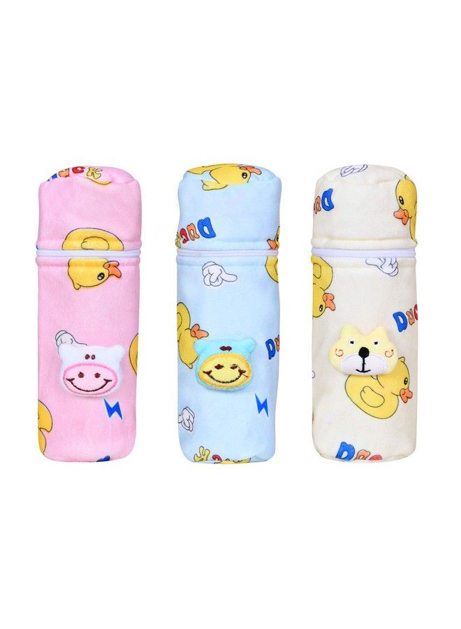 The Little Lookers Soft Plush Stretchable Baby Feeding Bottle Cover With Easy To Hold Strap ; Cute Animated Overall Print Pack Of 3 (Multicolor Zip Closure 120Ml150Ml;4Oz5Oz)
