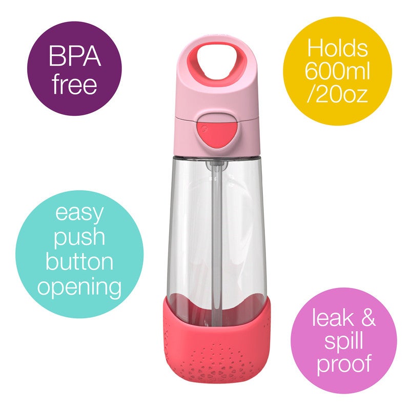 B.Box Big Kids Tritan™ Drink Bottle with Straw | Leakproof Push Button Lid | Ergonomic Triangle Grip | BPA-Free Reusable Water Bottle for School Kids | 600ml-Flamingo Fizz - Image 2