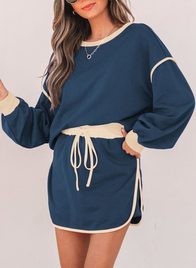 Ecosunny 2 Piece Sets for Women Casual Tracksuit Sweatshirt Waist Skirted Skorts Matching Set Lounge Wear Sweat Suit, Dark Blue, M - Image 3