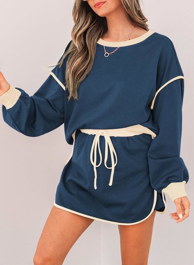 Ecosunny 2 Piece Sets for Women Casual Tracksuit Sweatshirt Waist Skirted Skorts Matching Set Lounge Wear Sweat Suit, Dark Blue, M - Image 2