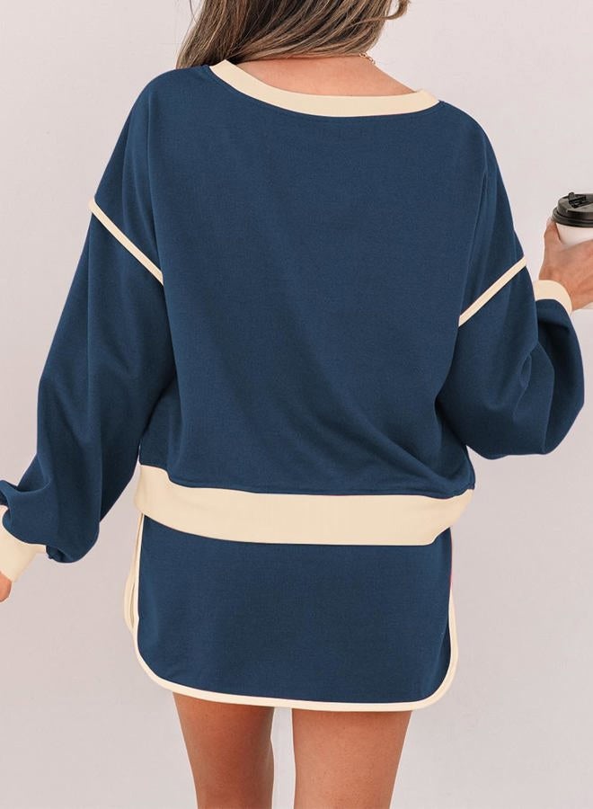 Ecosunny 2 Piece Sets for Women Casual Tracksuit Sweatshirt Waist Skirted Skorts Matching Set Lounge Wear Sweat Suit, Dark Blue, M - Image 4