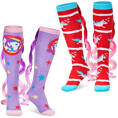 Tarpop 2 Pairs Crazy Funny Silly Socks for Girls Woman High Wacky Socks with Wigs Novelty Crazy Funny GiftRed Purple Unicorn - Image 1