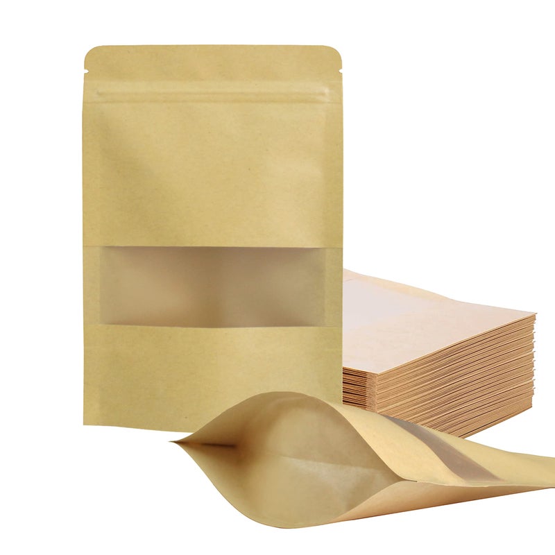 FireKylin 100 Pcs Resealable Bags47 x 79 Stand Up Kraft Paper Bags with Matte Window Zip Lock Food Storage Bags for Packaging Products Reusable Sealable