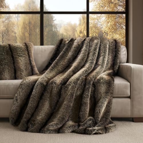 EVERGRACEHOME Luxury Faux Fur Throw Blanket Soft Fluffy Faux Mink Blankets for Bed Couch Sofa Thick Cozy Plush Warm Fur Throws with Reversible Velvet Ombr Sable Brown 60x80 - Image 1