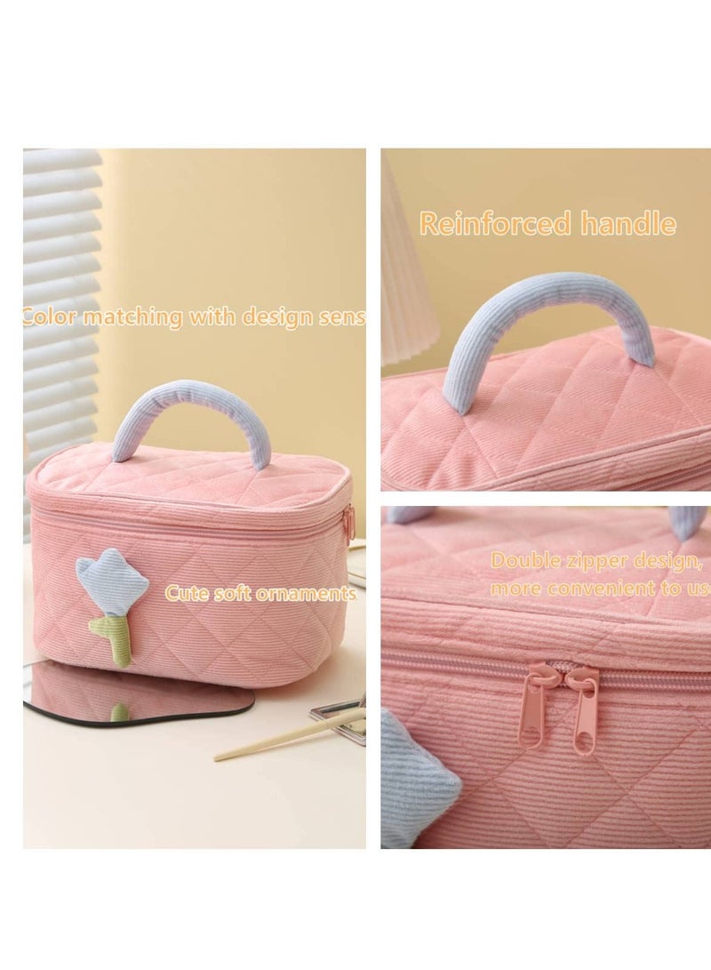 مجموعة حقائب مكياج من قماش الكوردuroy - منظم دلو كبير وجراب لطيف للنساء والفتيات، حقائب تجميل متوافقة للسفر، هدية مثالية (كريم أبيض) - عبوة 2 - Image 4
