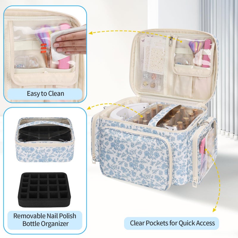 Bagmoly Nail Polish Organizer, Nail Polish Storage Holds 42+ Bottles & Nail Lamp, Portable Travel Nail Kit Storage Carrying Case Fits Nail Suppiles, Gift for Manicurist, Grils - Blue Flower - Image 3