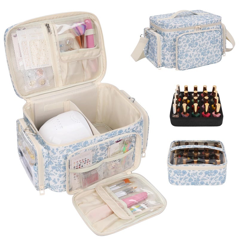 Bagmoly Nail Polish Organizer, Nail Polish Storage Holds 42+ Bottles & Nail Lamp, Portable Travel Nail Kit Storage Carrying Case Fits Nail Suppiles, Gift for Manicurist, Grils - Blue Flower - Image 1