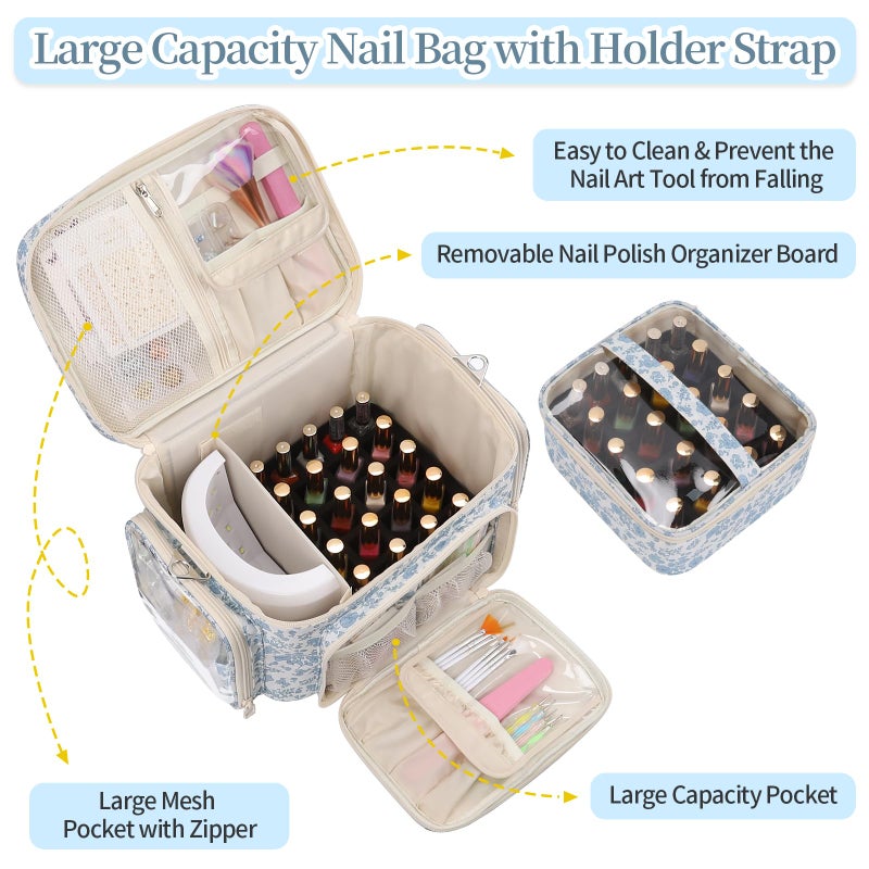 Bagmoly Nail Polish Organizer, Nail Polish Storage Holds 42+ Bottles & Nail Lamp, Portable Travel Nail Kit Storage Carrying Case Fits Nail Suppiles, Gift for Manicurist, Grils - Blue Flower - Image 2