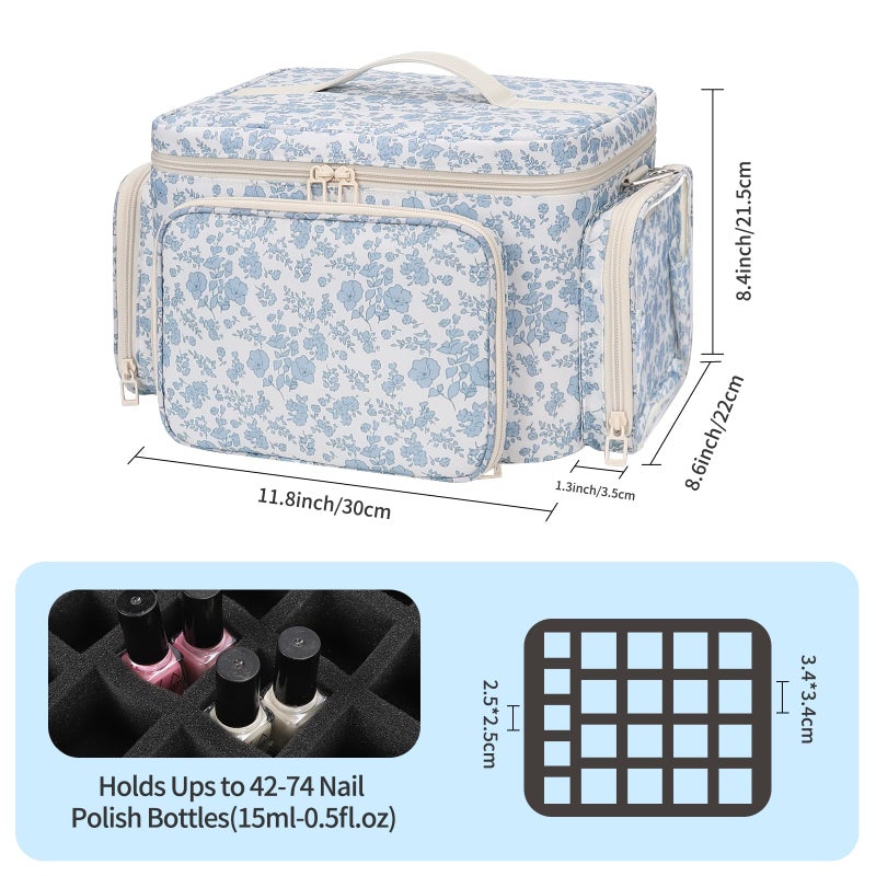 Bagmoly Nail Polish Organizer, Nail Polish Storage Holds 42+ Bottles & Nail Lamp, Portable Travel Nail Kit Storage Carrying Case Fits Nail Suppiles, Gift for Manicurist, Grils - Blue Flower - Image 5