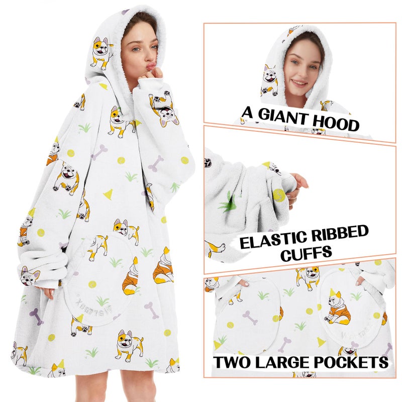 Zando Zando Dog Hoodie - Cozy Warm Wearable Blanket for Women Men - Oversized Hooded Sherpa With Pocket - Thick Fleece Sweater Gift for Adult - White - Image 3