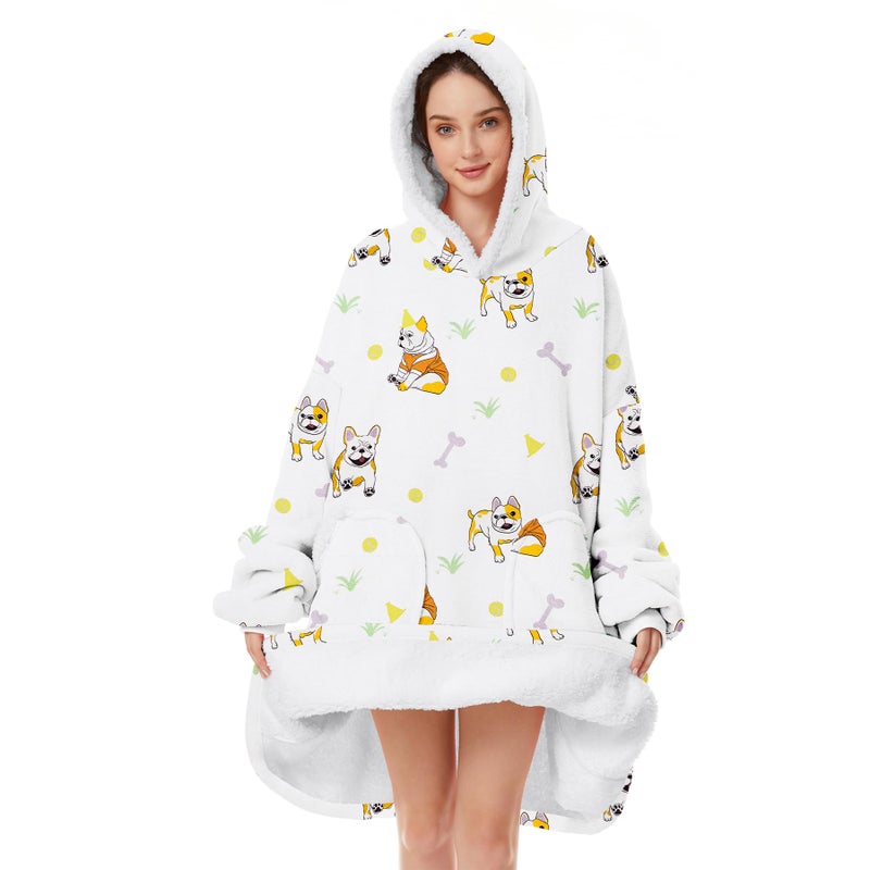 Zando Zando Dog Hoodie - Cozy Warm Wearable Blanket for Women Men - Oversized Hooded Sherpa With Pocket - Thick Fleece Sweater Gift for Adult - White - Image 1