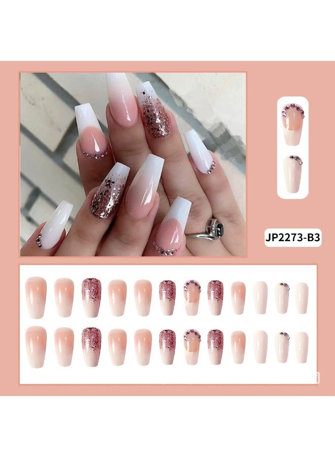 Goolsky Premium Long Square Press-on Nails with Pink White Gradient & Fine Glitter for Delicate Shine