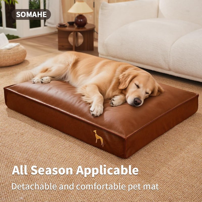 SOMAHE Dog Bed Medium Size Dog Orthopedic Beds for Small Dogs with Removable Washable PU Leather Cover Waterproof Brown 35.4Ã—27.5Ã—4inch - Image 2