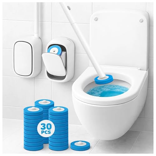 CiLoN Disposable Toilet Cleaning System 30 Disposal Toilet Bowl Brush Refill Heads SpaceSaving Wall Mounted Toilet Brush and Holder Set for Modern Bathrooms RVs Starter Kit 30 Sponge Pads - Image 1