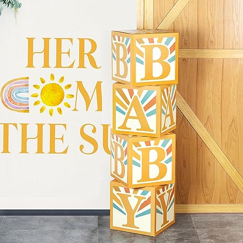 Unidemo Here Comes The Son Baby Shower Decorations Boys Boho Baby Boxes 4 Pcs Retro Sun Baby Blocks Here Comes The Son Party Supplies - Image 1