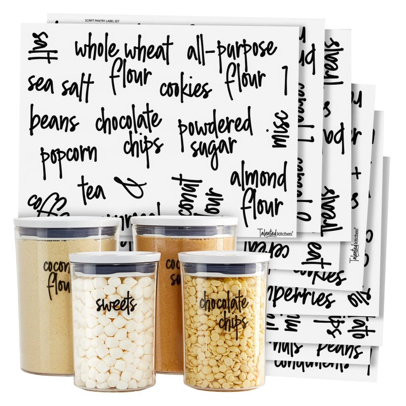 Talented Kitchen 157 Pantry Labels for Food Containers  Preprinted Black Script Kitchen Food Organization Labels for Storage Canisters and Jars Water Resistant