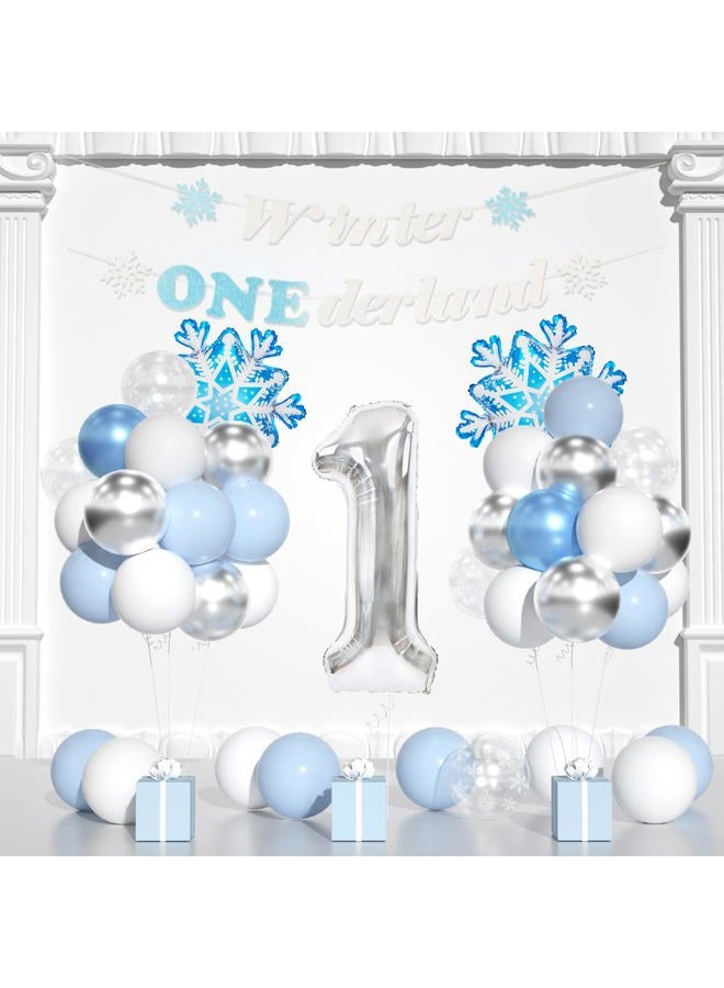 Yumiche Winter Onederland Party Decorations, Winter Onederland 1st Birthday For Boy,Blue First Birthday Decorations For Boy With Blue White Balloons, Snowflake Balloons, Number 1 Balloon And Banner - Image 1