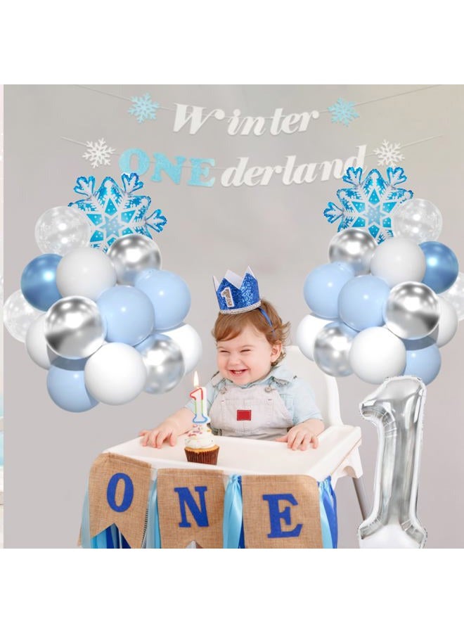Yumiche Winter Onederland Party Decorations, Winter Onederland 1st Birthday For Boy,Blue First Birthday Decorations For Boy With Blue White Balloons, Snowflake Balloons, Number 1 Balloon And Banner - Image 5