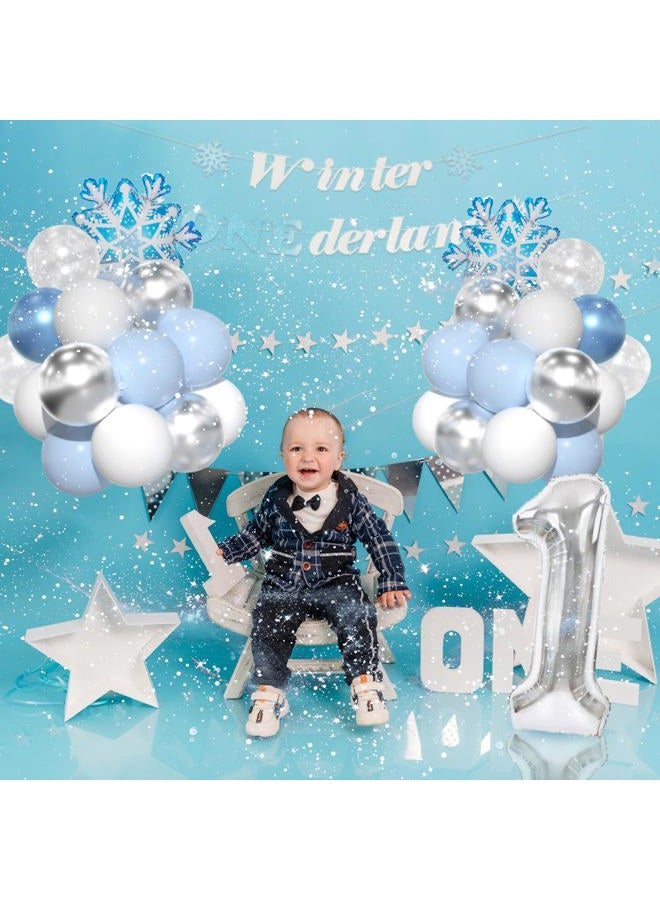 Yumiche Winter Onederland Party Decorations, Winter Onederland 1st Birthday For Boy,Blue First Birthday Decorations For Boy With Blue White Balloons, Snowflake Balloons, Number 1 Balloon And Banner - Image 2