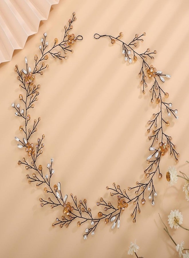 Rumtock Champagne Crystal Flower Black Hair Vine for Wedding Bride Women Girls Long Headband Vintage Handmade Hair Accessories - Image 1