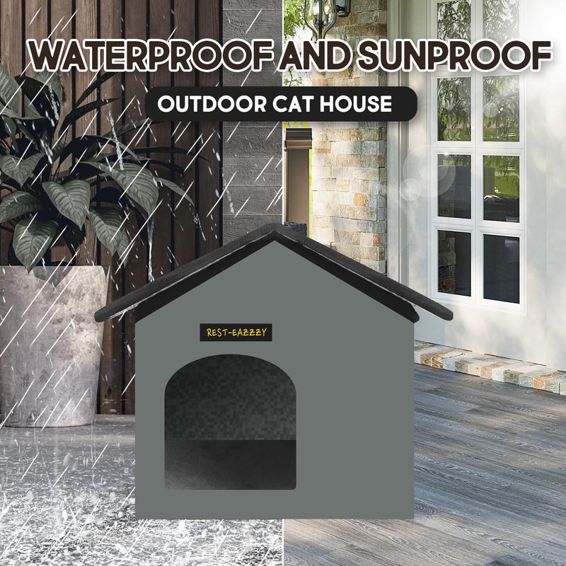 Rest-Eazzzy Cat House for Outdoor Cats, Weatherproof and Insulated Feral Cat House with Mat and Clip, Easy to Put Together, Selfwarming Cat Shelter for Winter(Grey, Waterproof House-S) - Image 2