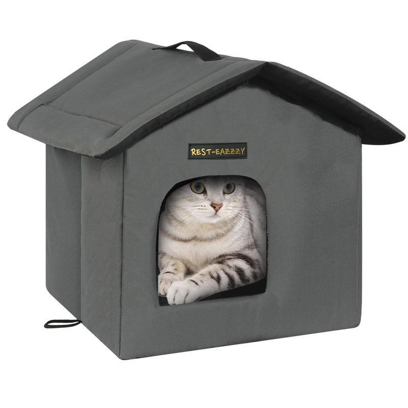 Rest-Eazzzy Cat House for Outdoor Cats, Weatherproof and Insulated Feral Cat House with Mat and Clip, Easy to Put Together, Selfwarming Cat Shelter for Winter(Grey, Waterproof House-S) - Image 1