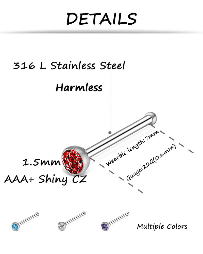 Tornito 100Pcs Stainless Steel Bone Nose Stud Hoop Nose Rings Set Multicolor Cubic Zirconia Body Nose Piercing Pin Jewelry 1.5mm 22G - Image 2
