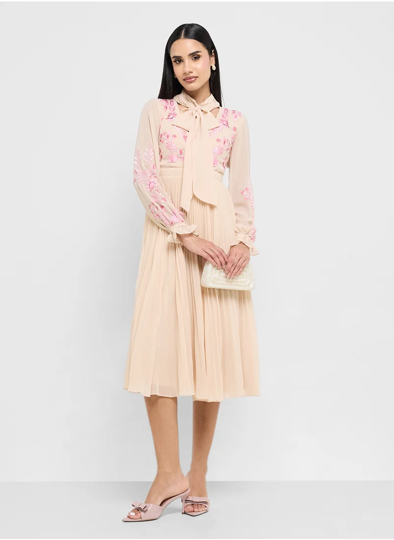 Frock and Frill Pleated Embroided Tie Detail Midi Dress