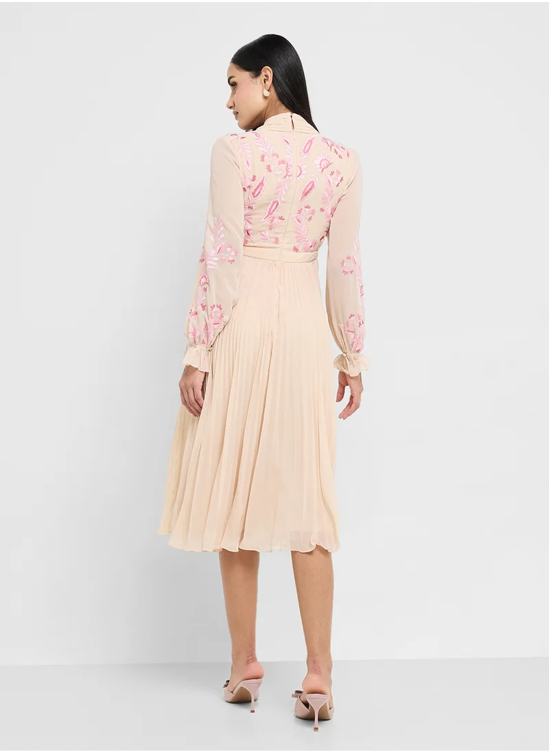 Frock and Frill Pleated Embroided Tie Detail Midi Dress