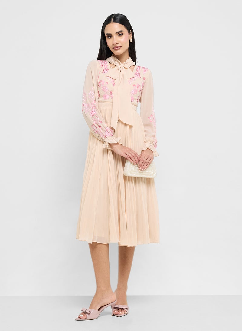 Frock and Frill Pleated Embroided Tie Detail Midi Dress - Image 1