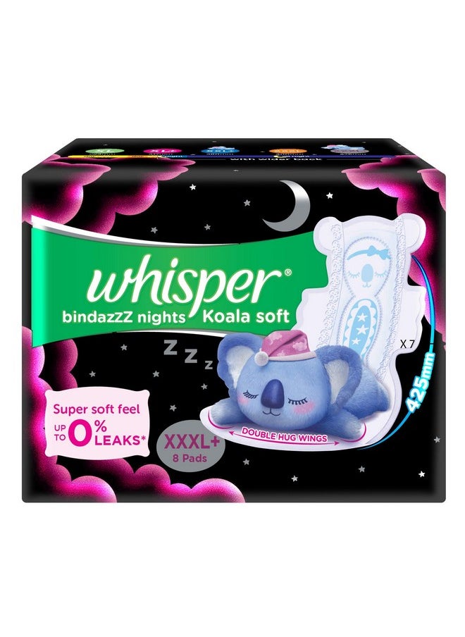 Whisper Bindazzz Nights Koala Soft Sanitary Pads, 8 Xxxl+ Pads, Upto 0% Leaks, 85% Longer & Wider Back, Super Soft Topsheet, Double Hug Wings, Disposable Wrapper, For Women  - Image 1