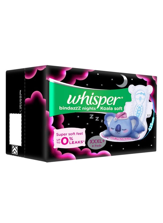 Whisper Bindazzz Nights Koala Soft Sanitary Pads, 8 Xxxl+ Pads, Upto 0% Leaks, 85% Longer & Wider Back, Super Soft Topsheet, Double Hug Wings, Disposable Wrapper, For Women  - Image 2