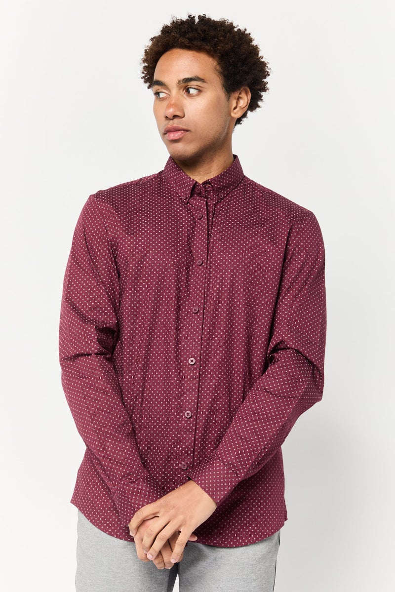 Celio قميص رجالي بأكمام طويلة بتصميم مطبوع نحيف، بورغندي - Image 1