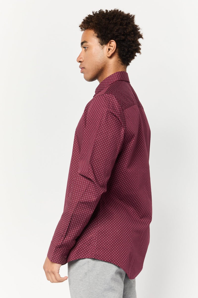 Celio قميص رجالي بأكمام طويلة بتصميم مطبوع نحيف، بورغندي - Image 3