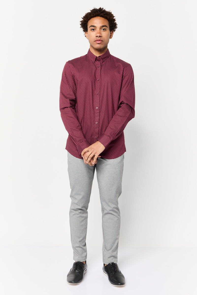 Celio قميص رجالي بأكمام طويلة بتصميم مطبوع نحيف، بورغندي - Image 2